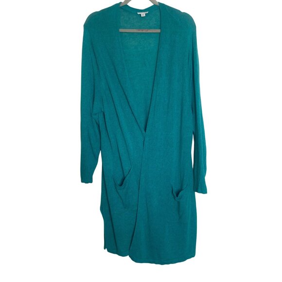 J.Jill Linen Blend Open Front Cardigan Womesn 3X Teal Pockets Long Line Coastal - Picture 1 of 10